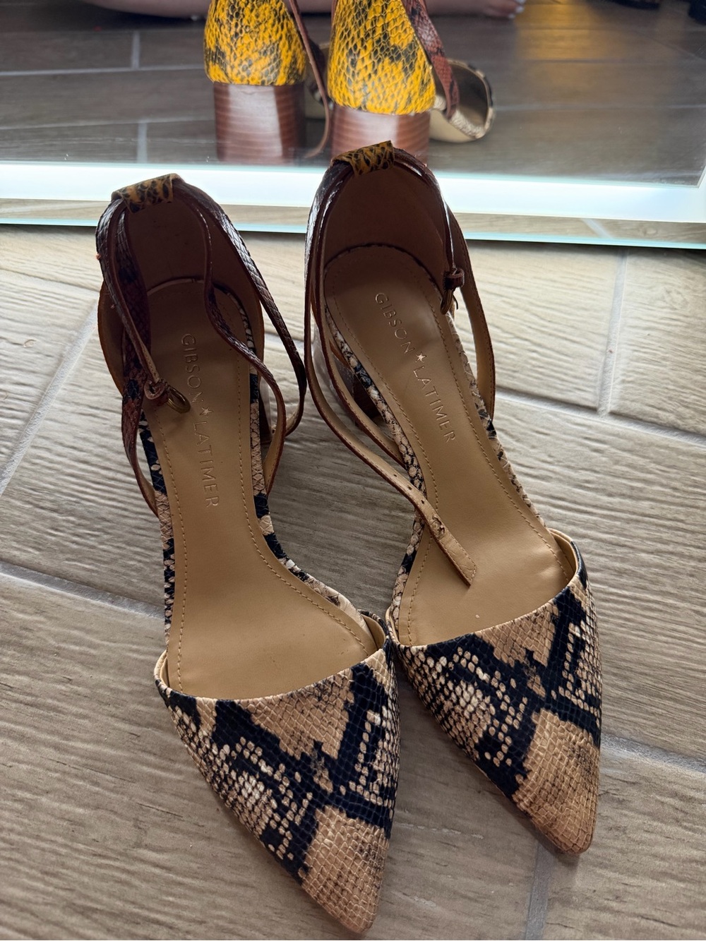 Gibson Latimer Snake-Print Pointed Toe Ankle-Strap Heels